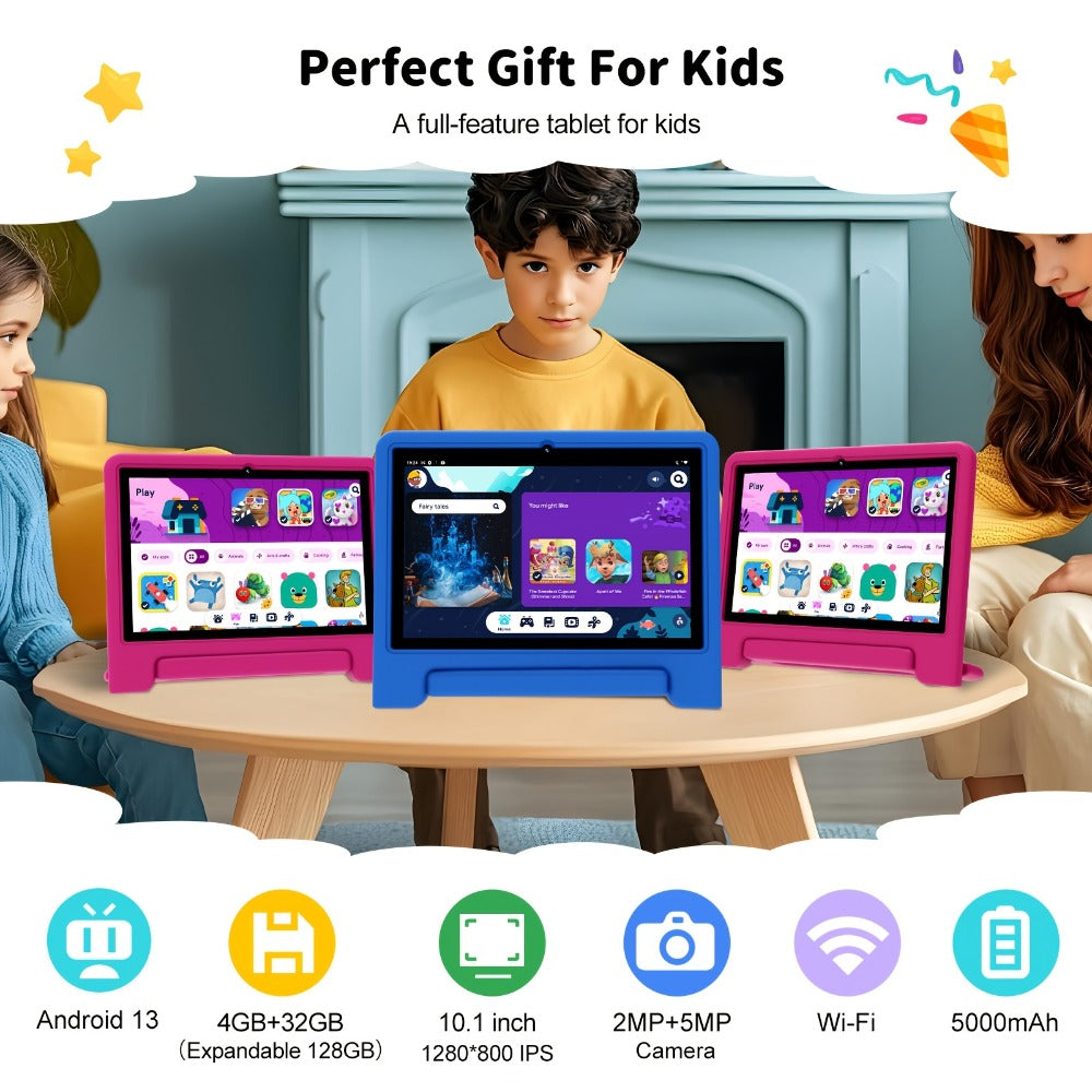 WiFi 6 Kids Tablet 10.1 Inch Android 6GB RAM 64GB ROM 5000mAh Dual Camera Parental Controls Eye Protection Preloaded Educational Apps Games Learning Tablet with Case Gift for Kids Blue Pink