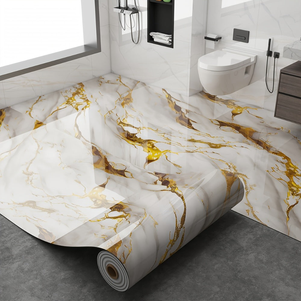 Peel and Stick Floor Tile Sticker 15.7"x118" Self-Adhesive Marble Pattern Vinyl Roll – 3mm Thick Removable Flooring for Kitchen Backsplash, Bathroom, Shower Room & Home Renovation