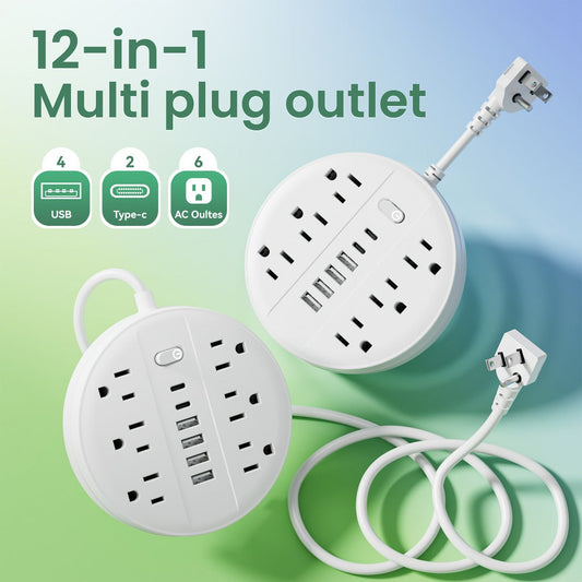 Surge Protector Power Strip 12-in-1 with 6 AC Outlets 4 USB-A 2 USB-C Flat Plug Wall Mount Overload Protection Desk Charging Station for Home Office Travel