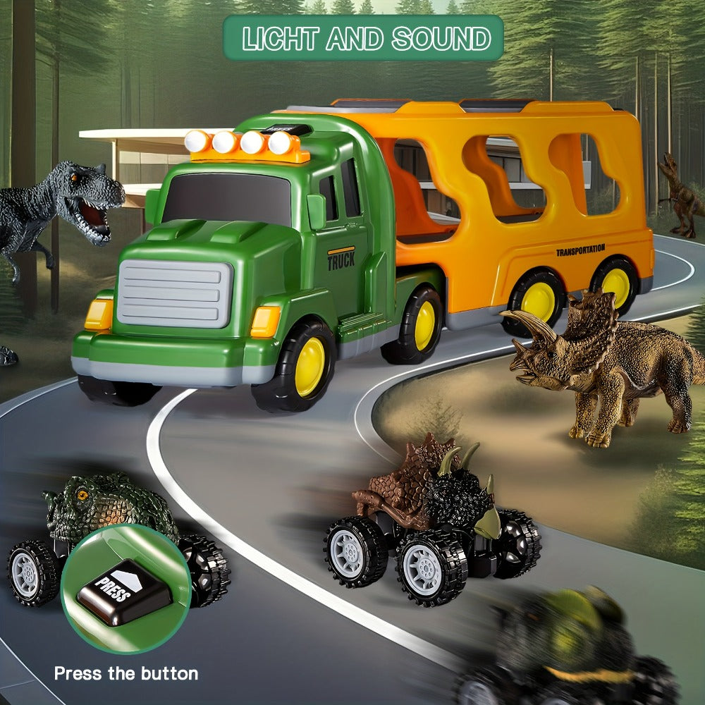 Dinosaur Transport Truck Toy Set with Figures, Cars, Lights and Sounds
