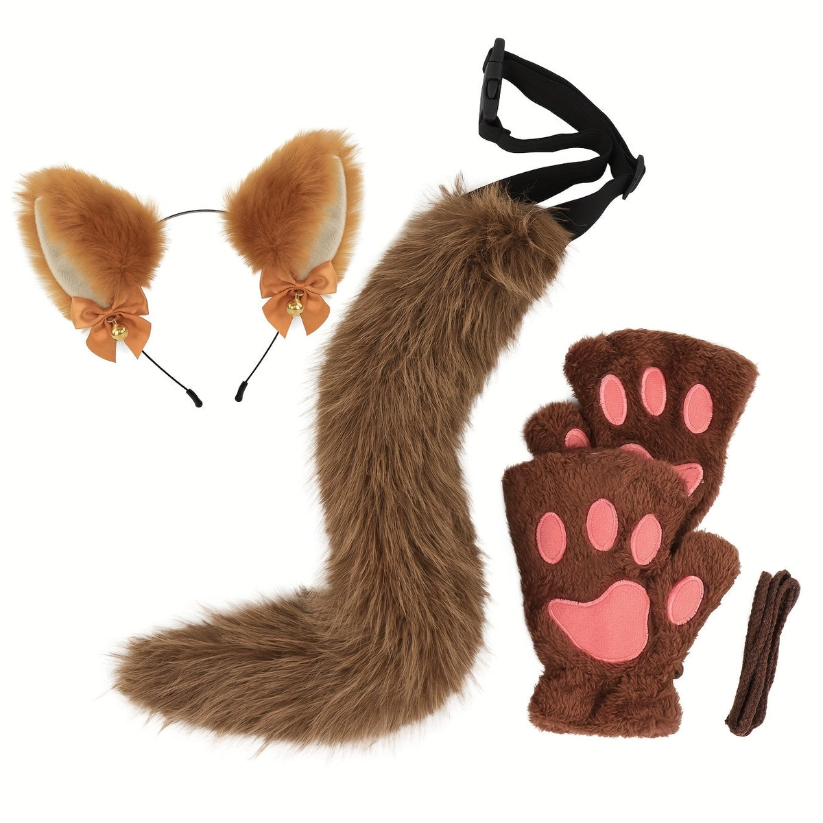 Cat Costume Set 3 Piece – Bell Ear Headband, Plush Paw Gloves & Adjustable Tail for Halloween, Cosplay, Role Play & Stage Performances, Cute Gift for Women Girls, Grey White Brown Pink