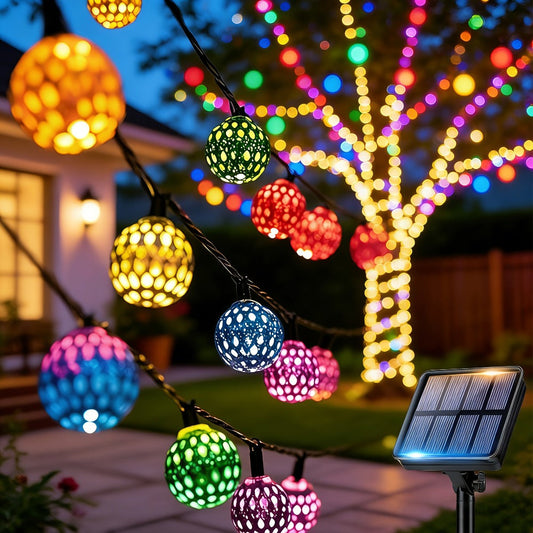Solar String Lights - Moroccan Metal Spheres, Multicolor LEDs with 8 Modes