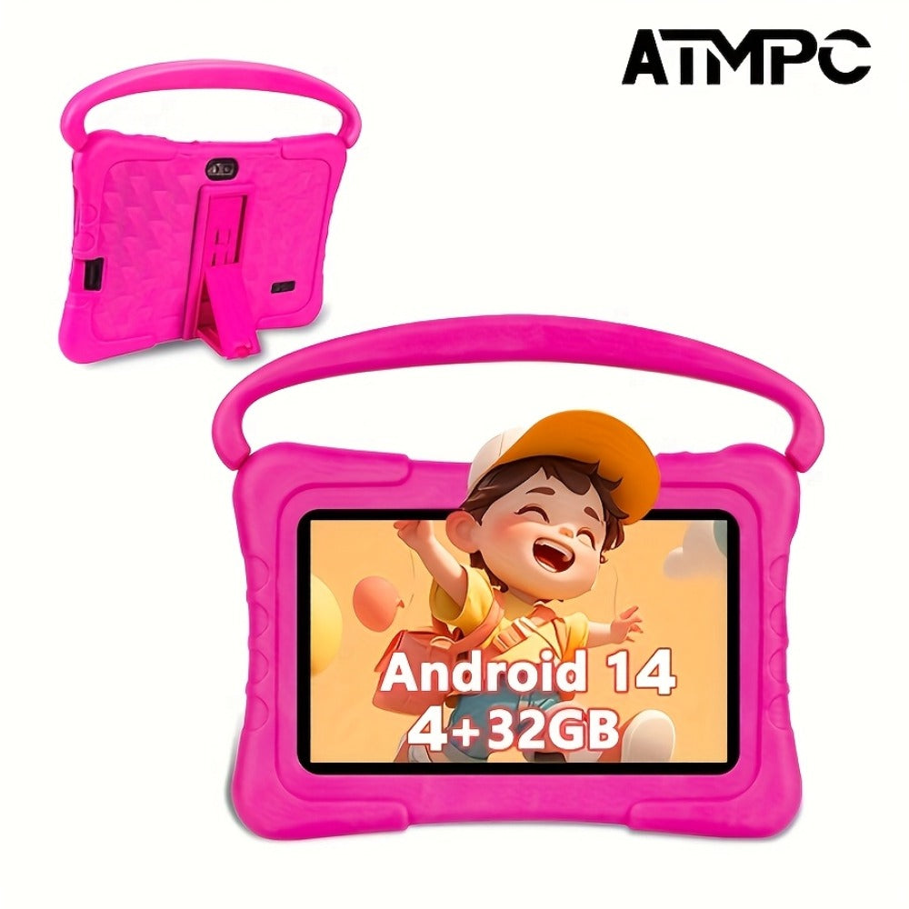 Kids Tablet 7 Inch Android 14, 4GB RAM 32GB ROM, Eye Protection HD Touchscreen, Drop-Proof Silicone Case, Parental Controls, WiFi Learning Tablet for Boys & Girls, Educational Gift for Toddlers Ages 3-12, Dusty Rose