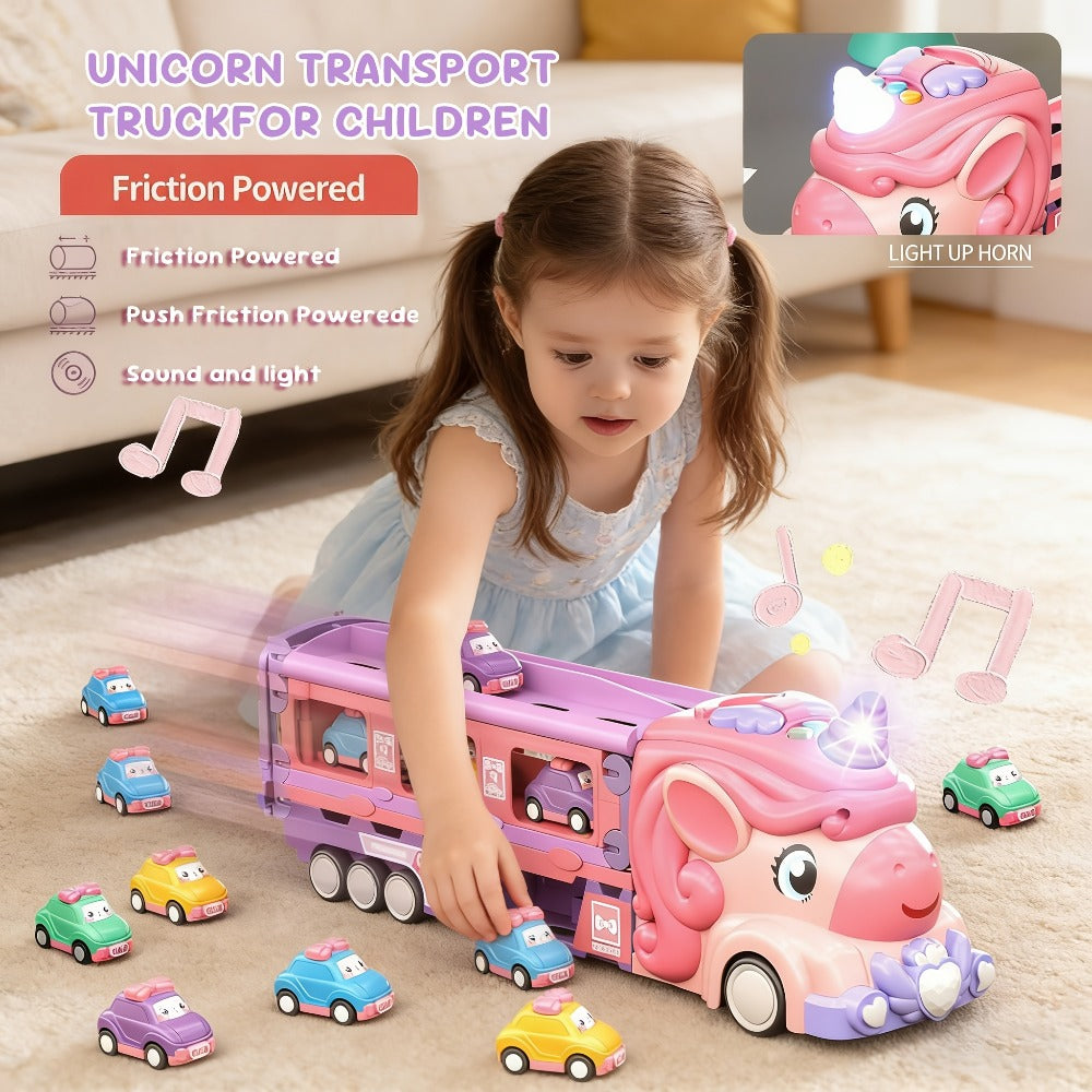 Unicorn Monster Truck Track Set with 8 Mini Cars and Fold-Out Race Track