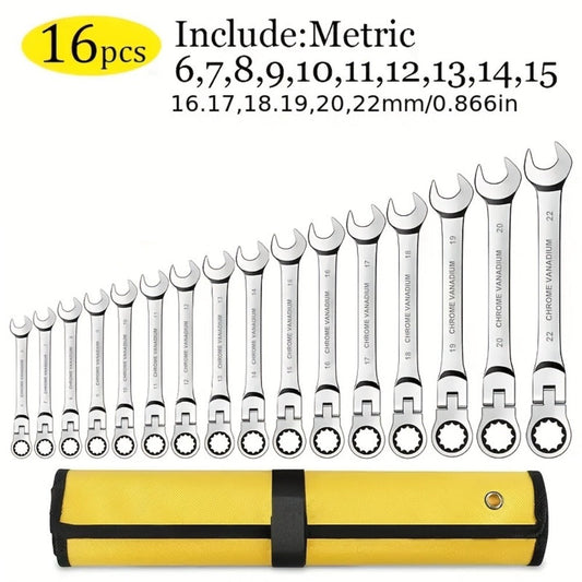 Flex Head Ratcheting Wrench Set, 16-Piece Metric 6–22 mm with 72-Tooth Ratchets