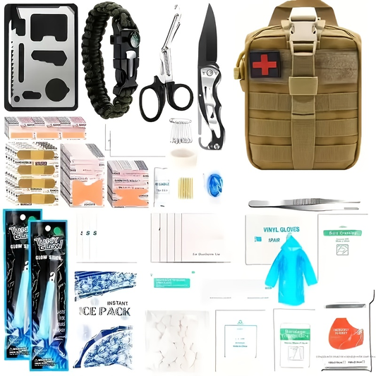 Survival Kit, 160 Pieces with MOLLE-Compatible Bag in Green or Khaki