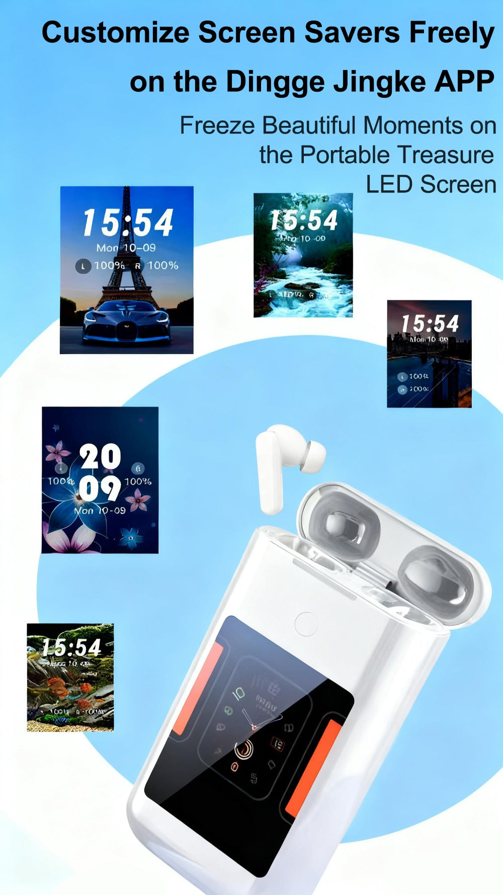 5000mAh Battery Wireless Earphones 3-in-1 HiFi Stereo LED Touch Screen Multiple EQ Modes Rechargeable Multimedia Earbuds for Travel Outdoor Work Black White