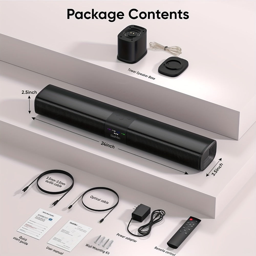 2.1 Channel Soundbar with Subwoofer for TV PC Gaming – Wireless Bluetooth Optical AUX Wall-Mountable Surround Sound System, Plug & Play Home Theater Speaker