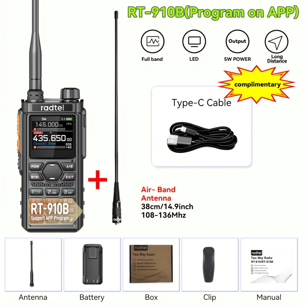 Tri-Band Ham Radio Handheld Walkie Talkie Radtel RT-910B, 6M VHF UHF Air Band Two-Way Radio, APP Programming, NOAA Weather Alert, 960 Memory Channels, USB-C Charging, Long Range Transceiver for Outdoor Camping Hiking Survival Aviation Enthusiasts