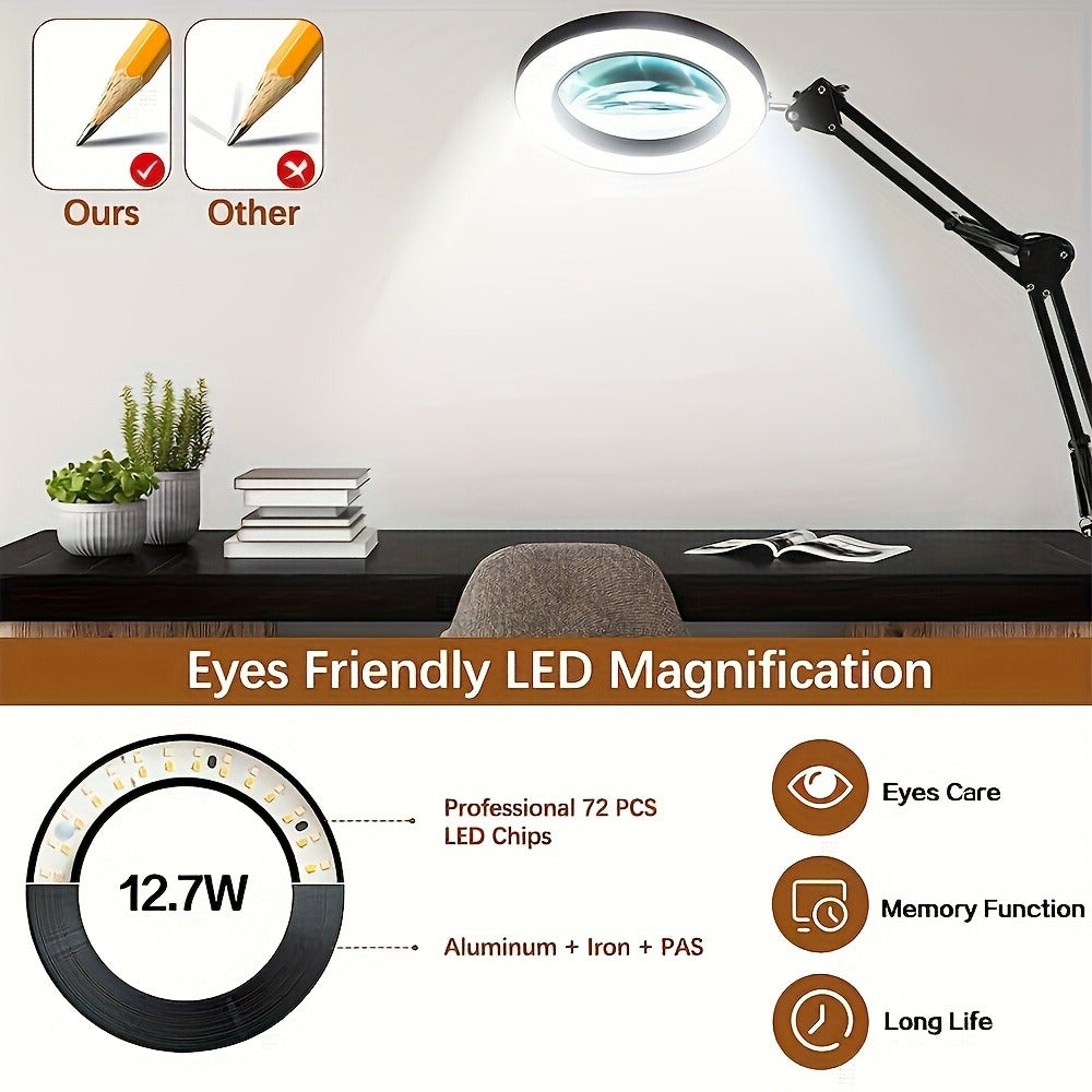 15X Magnifying Lamp with Clamp & Flexible Arm – USB LED Desk Light, 3 Color Modes 10 Brightness Levels, 360° Adjustable for Reading, Manicure, Eyelash, Sewing, Grooming & Precision Work