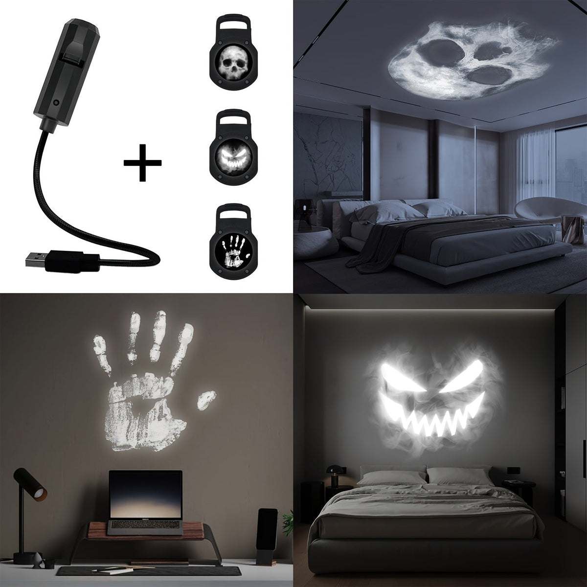 Skull LED Night Light USB-Powered 360° Rotatable Touch Control – Interchangeable Skull & Palm Print Faces, Spooky Atmosphere Lamp for Bedroom Living Room Ceiling Decor, Halloween Gift