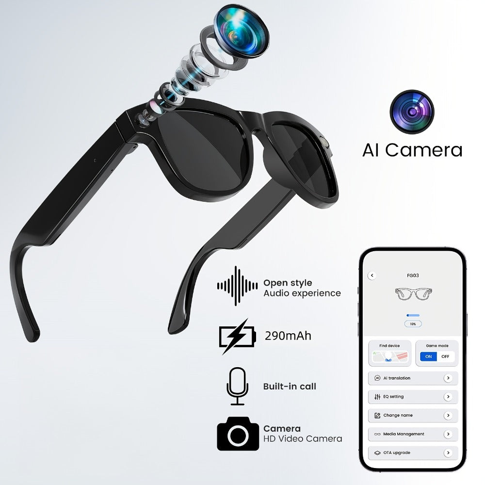 Smart Glasses with Camera 200MP Dual Lens AI POV Recording – Hi-Fi Open-Ear Audio | Touch & Voice Control | Ultra-Long Battery | Cycling Sports Outdoor Photography | Transparent & Black Lenses | Tech Gift