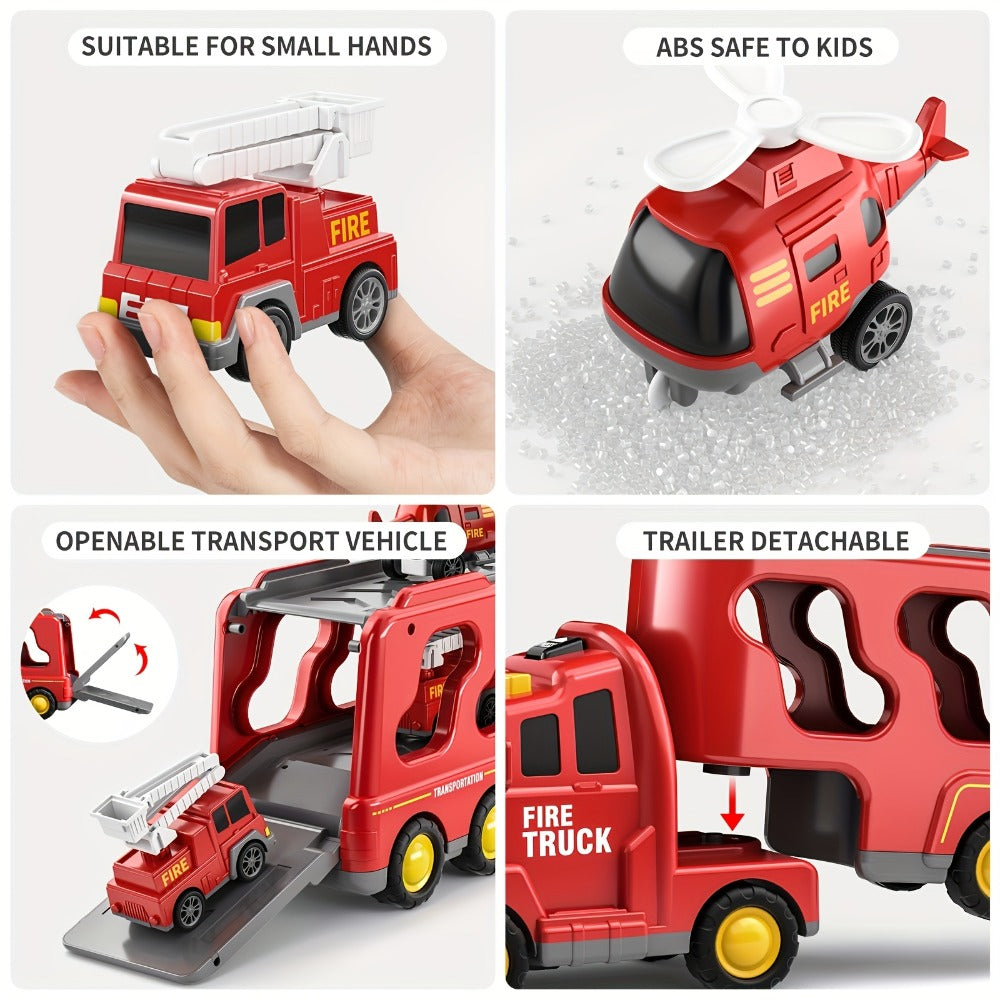 Fire Truck Rescue Playset, 5-in-1 Carrier with Interchangeable Vehicles