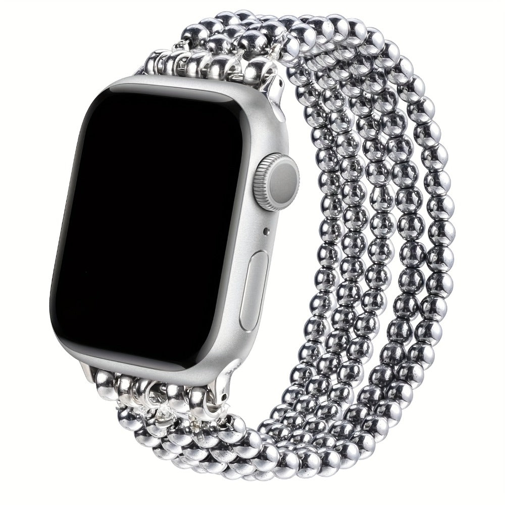 Stainless Steel Beaded Apple Watch Band Handmade Elastic Stretch Bracelet No-Buckle Slip-On Strap for Series 1-11 SE Ultra 38mm 40mm 41mm 42mm 44mm 45mm 46mm Women Girls Silver Rose Gold Silvery Grey