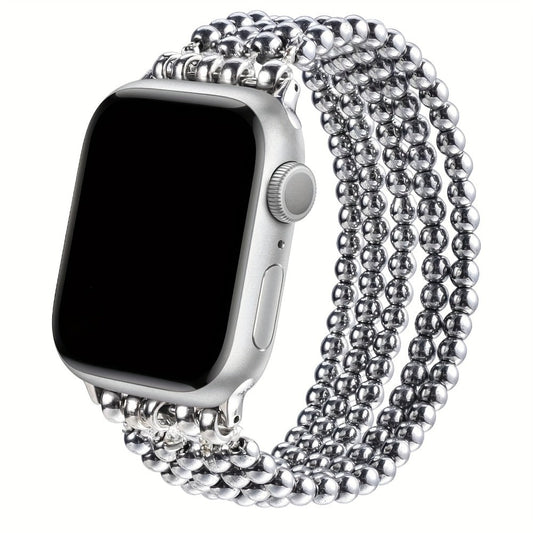 Stainless Steel Beaded Apple Watch Band Handmade Elastic Stretch Bracelet No-Buckle Slip-On Strap for Series 1-11 SE Ultra 38mm 40mm 41mm 42mm 44mm 45mm 46mm Women Girls Silver Rose Gold Silvery Grey