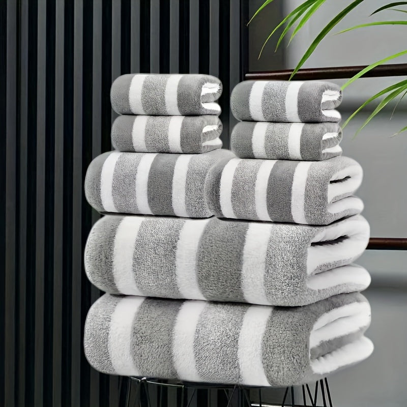 Towel Set 8 Piece Two-Color Striped - Super Absorbent Soft No Hair Loss Bath Towel Combo | 2 Bath Towels 2 Face Towels 4 Hand Towels | Grey Red Blue Green | Bathroom Family Hotel Spa Gift Set