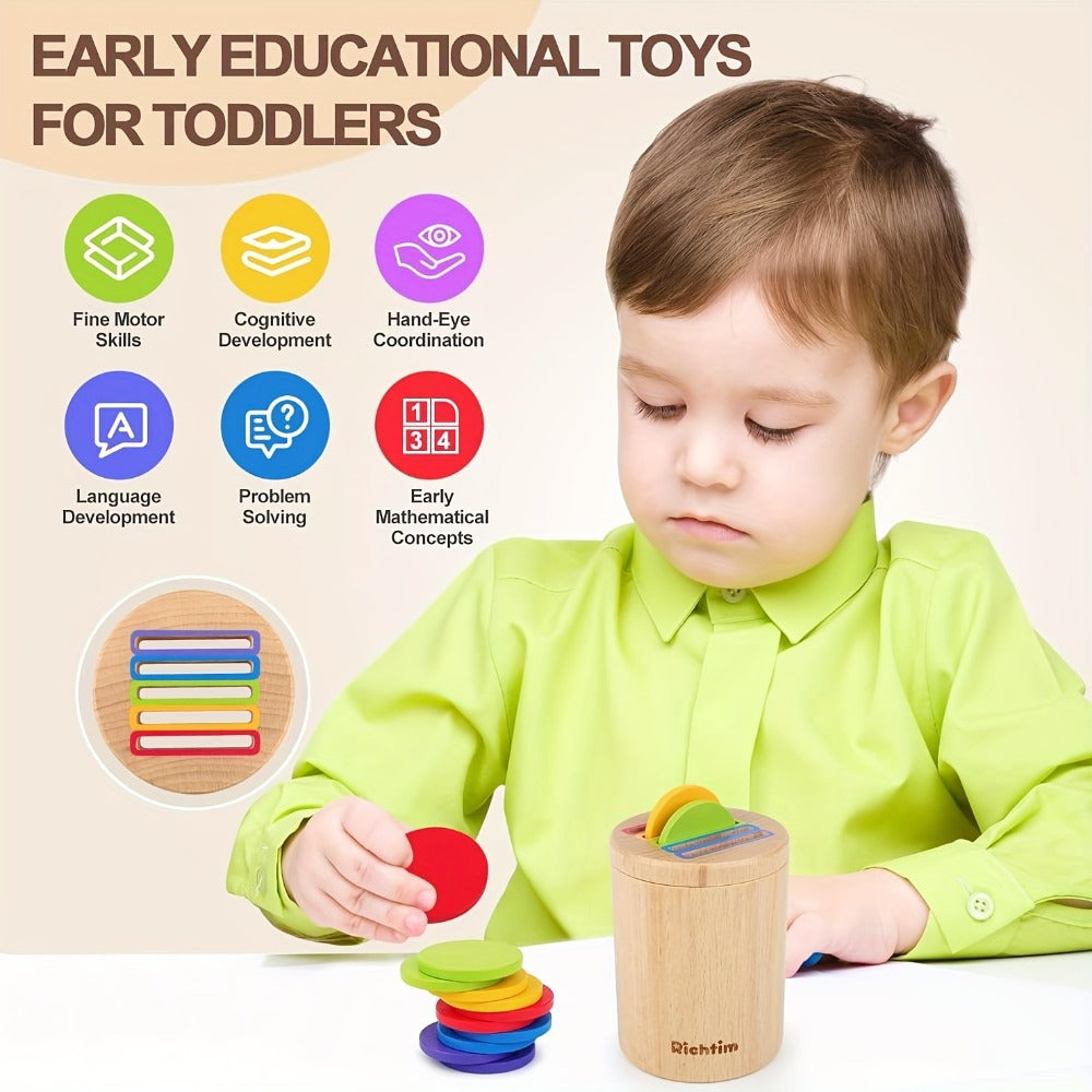 Wooden Color Sorting Coin Box Toy for Toddlers 1+ – Montessori Educational Sensory Learning Toy with 10 Colorful Blocks & Storage Bag, Fine Motor & Hand-Eye Coordination Toy, Christmas Gift for Boys & Girls