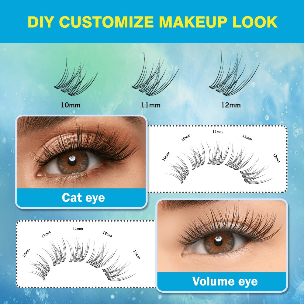 Pre-Glued Wispy Press-On Lash Clusters Kit with 2 Tweezers — Self-Adhesive No Glue Needed, Natural & Thick Fluffy Volume, Reusable Beginner-Friendly Individual Cluster Eyelashes for Daily Wear
