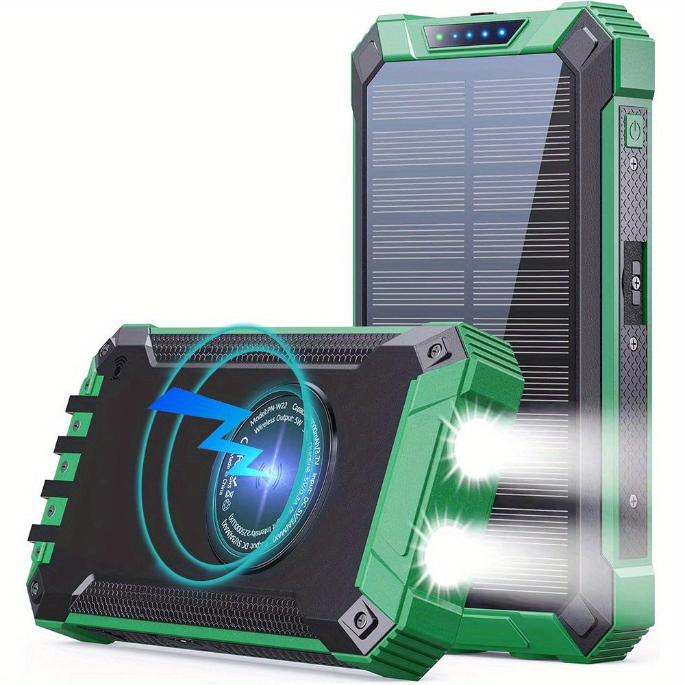 Solar Power Bank 40000mAh with Built-in 4 Cables & 15W Wireless Charging – 6 Outputs 3 Inputs Dual LED Flashlight Portable Charger for iPhone Android Tablets Camping Travel Emergency