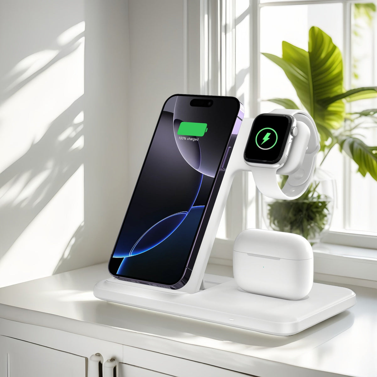 USB-C 3-in-1 Wireless Charging Station Upright Stand – Fast Charge Dock for iPhone 16 15 14 13 12 Pro Max, Apple Watch Ultra Series 10 9 8 7 SE & AirPods Pro 2 | Black & White