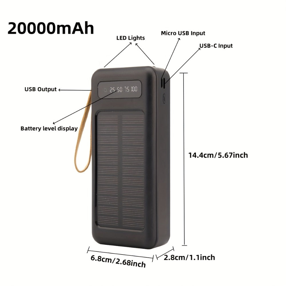 Solar Power Bank with Built-in 4 Cables LED Flashlight 15W Fast Charging Digital Display Dual USB USB-C Portable Charger 10000mAh 20000mAh 30000mAh for iPhone Android Camping Hiking