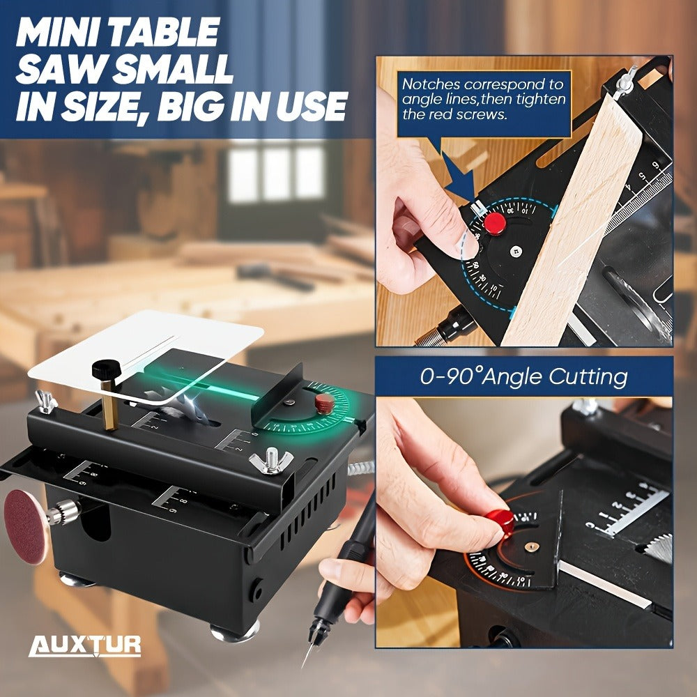 Mini Table Saw Multifunctional Desktop Cutting Machine – 100W Motor, 7-Speed Adjustable, 0–90° Angle Cut, 4 Saw Blades Included, Portable DIY Table Saw for Wood, Metal, Plastic, PCB, Acrylic – with Extra Accessories Option