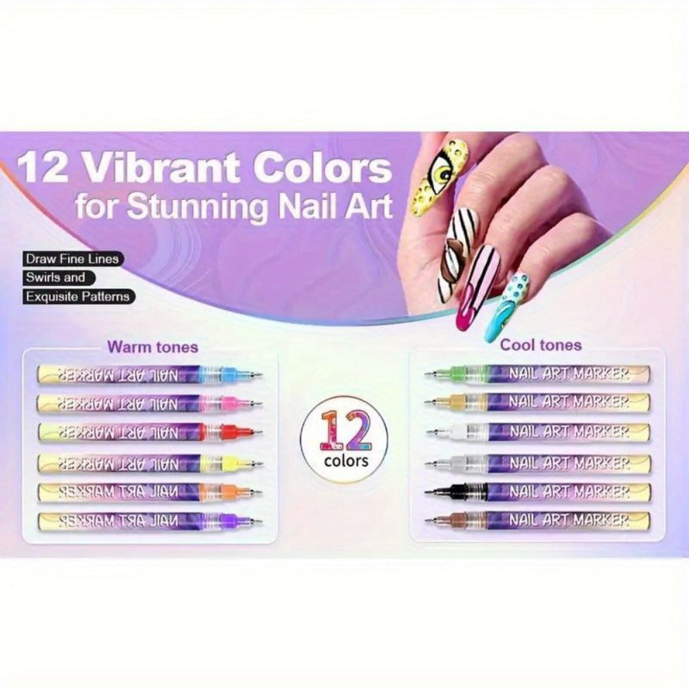 Acrylic Nail Doodle Pen Set 12 Colors - Quick-Dry Precision 3D Dot & Stitching Nail Art Pens, Long-Lasting Detail Drawing Tools for Home & Salon, Beginner & Professional Nail Art Gift