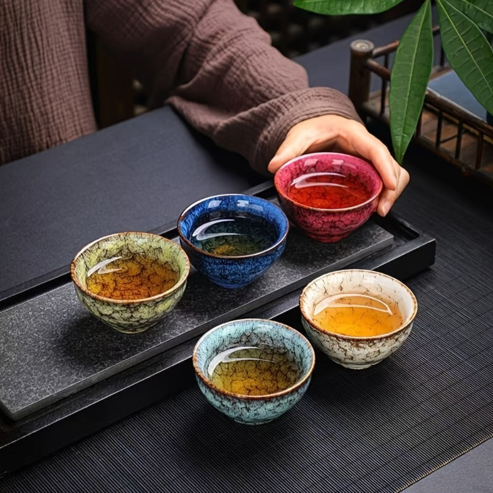 Kung Fu Tea Cups Set of 5 – Handmade Kiln-Fired Jianzhan Ceramic Teacups – Five-Element Design in 5 Colors with Gift Box – Elegant Chinese Tea Ceremony Cup Gift for Business, Friends & Family