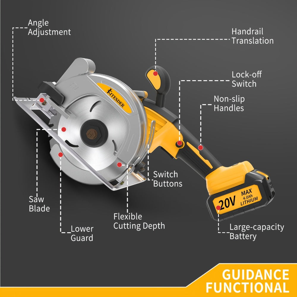 Brushless Circular Saw 5-Inch Kit 6900RPM with Battery & Charger – 45° Bevel Cut, Up to 6 Saw Blades, 2.0AH / 4.0AH Battery Options, Cordless Woodworking Saw for Wood Cutting, Garden & DIY Projects