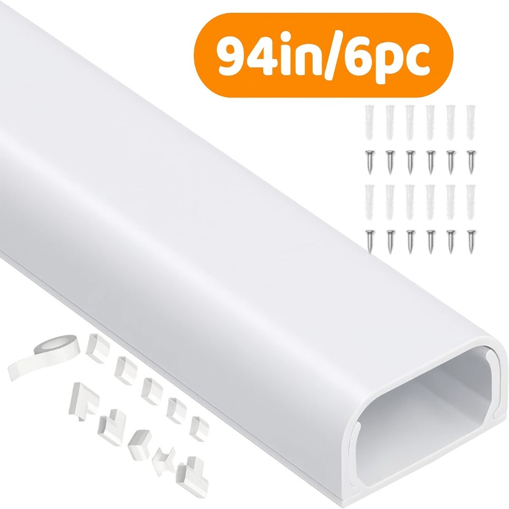 Cable Raceway Cord Hider for Wall Paintable White Self-Adhesive No-Drill – Wire Hiding Channel 0.95"W x 0.55"H for TV Home Office Desk Baseboard, Snap-On Cover, 6-Piece or 94"/157" Sets