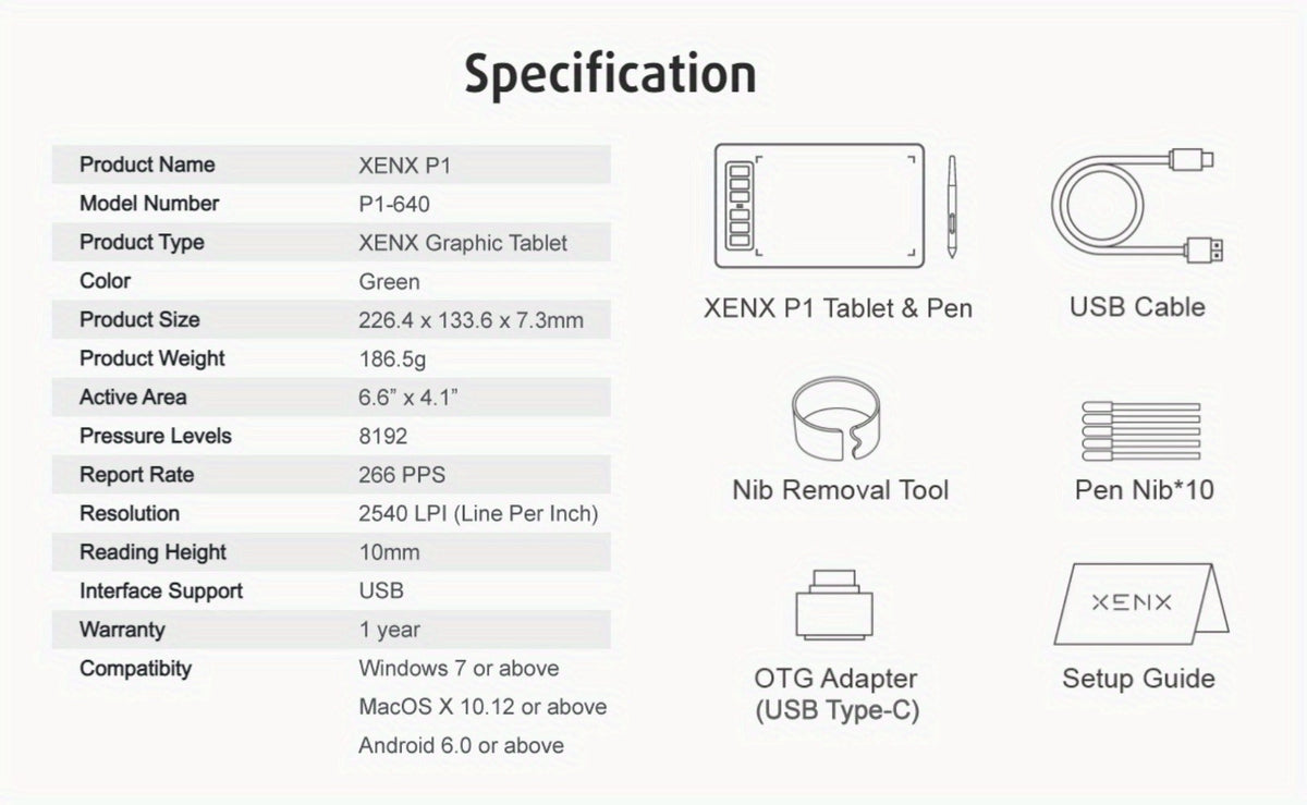 Graphics Drawing Tablet XENX P1-640 8192 Pressure Sensitivity 6 Hot Keys 6.6x4.1 Inch Active Area Battery-Free Stylus Compatible with Mac Windows PC Android for Digital Art Animation OSU Design