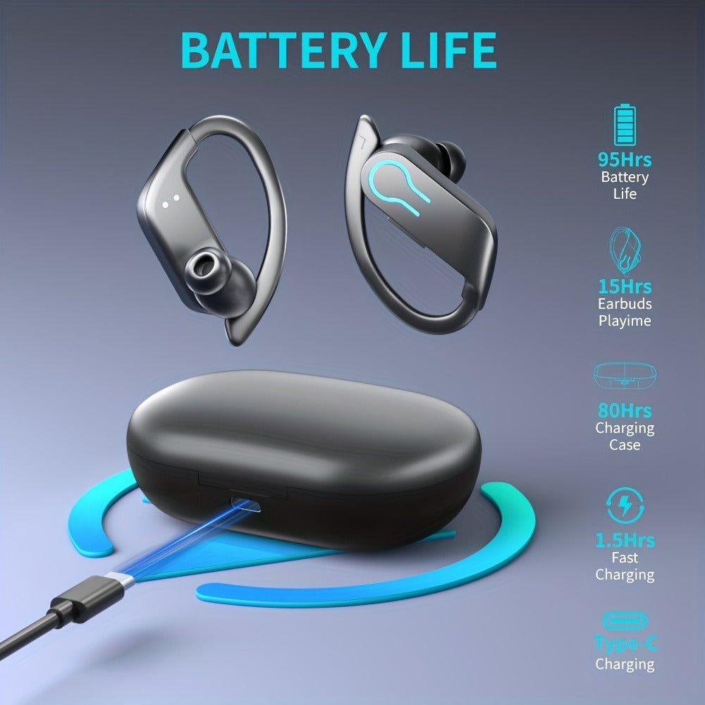 TWS Earhook Wireless Earbuds Semi-Open Back with LED Charging Case, ENC Noise Reduction, Touch Volume Control, Built-In Microphone, True Wireless Bluetooth Headphones for Sports Travel Work