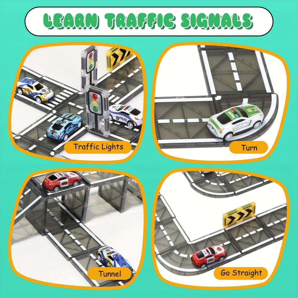 Magnetic Road Track Set 44 Pcs, Flexible Road Builder Tiles with Pull-Back Cars