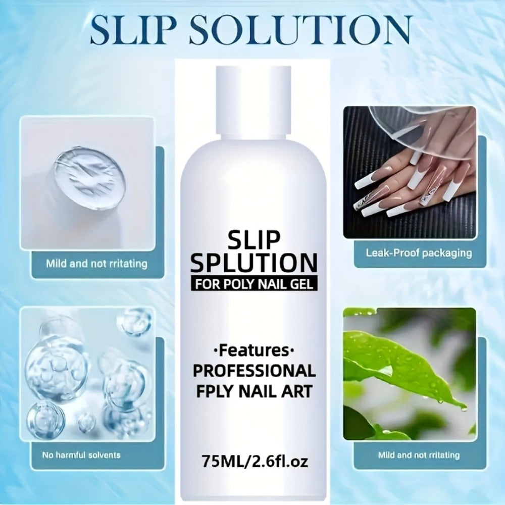Poly Gel Slip Solution 75ml 2.6oz with Container – Anti-Stick Liquid for Poly Nail Extension Gel Application, Smooth Sculpting & Shaping Tool for Salon & Home Nail Art Beginners & Pros