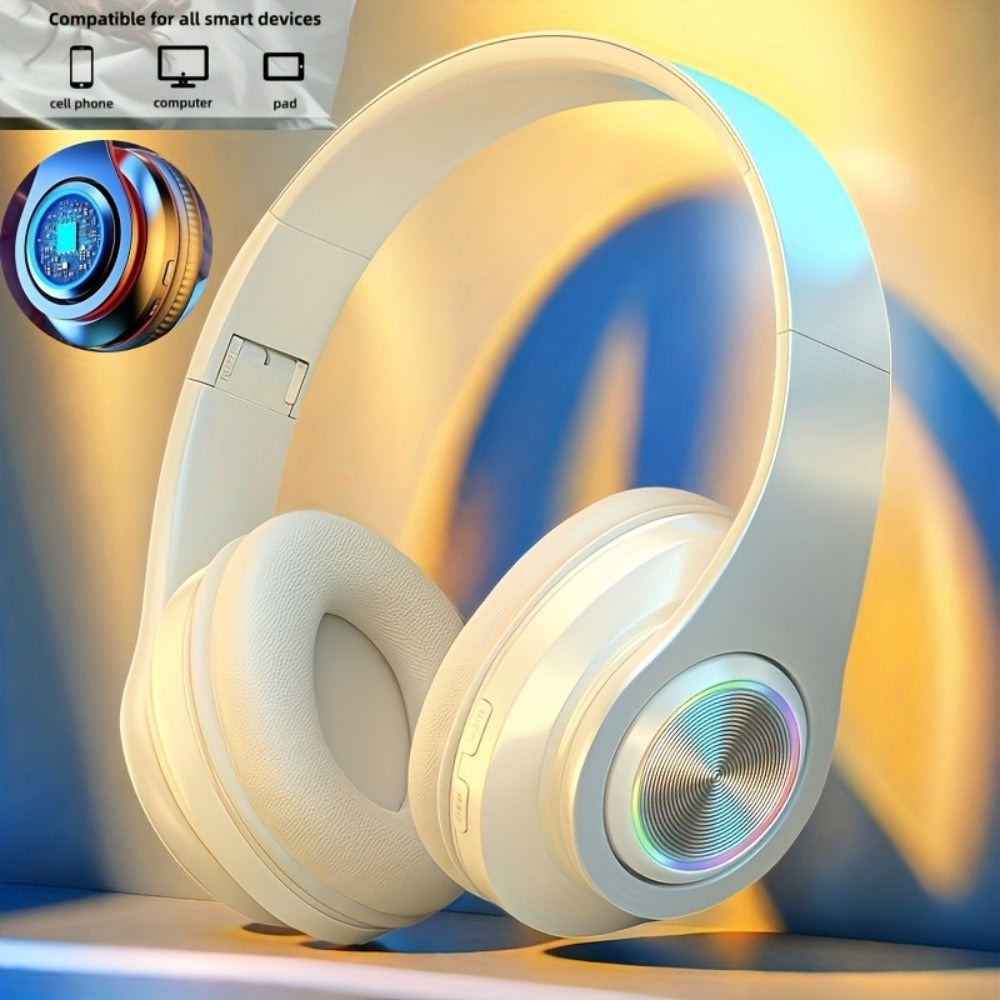 LED Light Over-Ear Wireless Headphones Deep Bass Subwoofer, Active Noise Cancelling Foldable Headset Bluetooth 5.3, Wired & Wireless Dual Mode AUX, USB Rechargeable for Gaming Music Sports