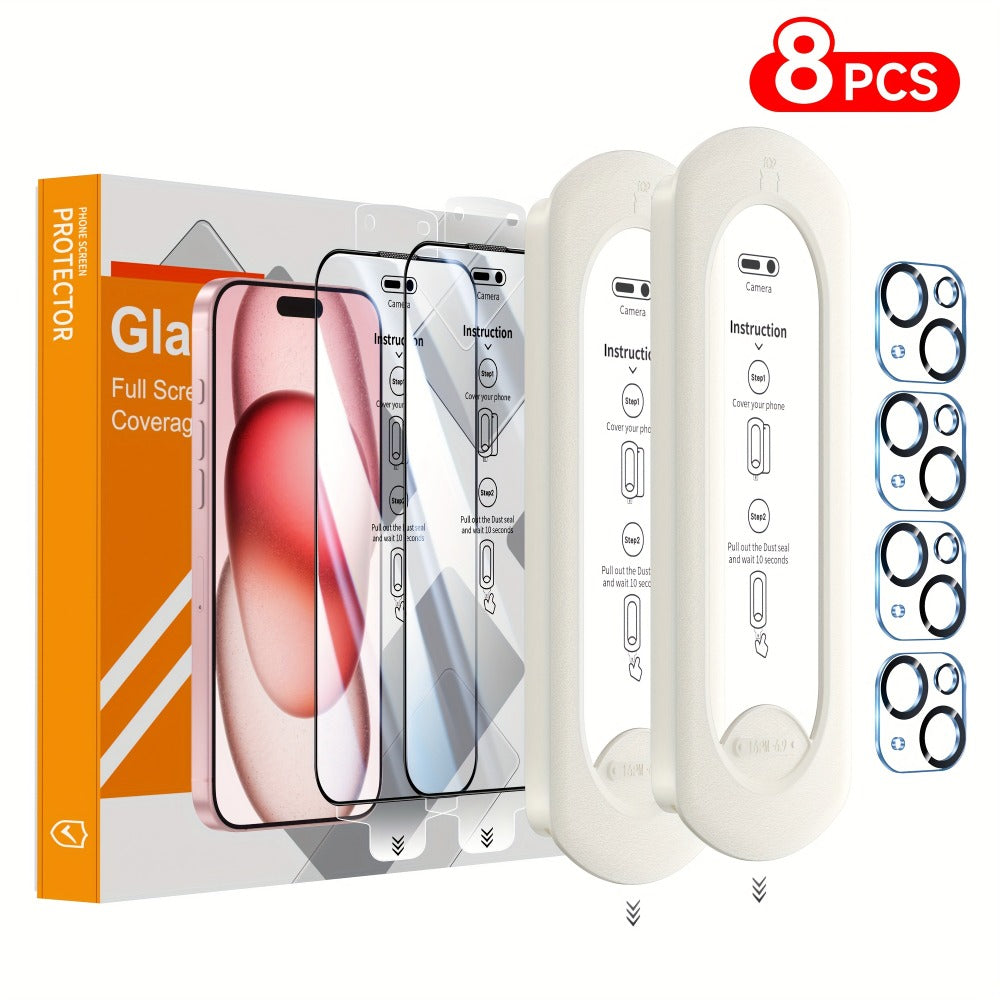 9H Tempered Glass Screen Protector for iPhone 8-Pack with Alignment Tool – 4 Screen + 4 Camera Lens, HD Clear, Bubble-Free, Case Compatible, iPhone 16 Pro Max / 15 / 14 / 13 / 12 / 11 Series
