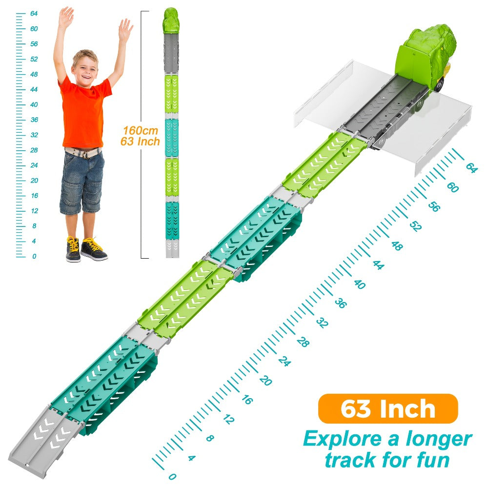 Dinosaur Truck Toy Carrier with 63-Inch Foldable Race Track, 13-in-1 Set with 12 Cars & 2-Player Racing