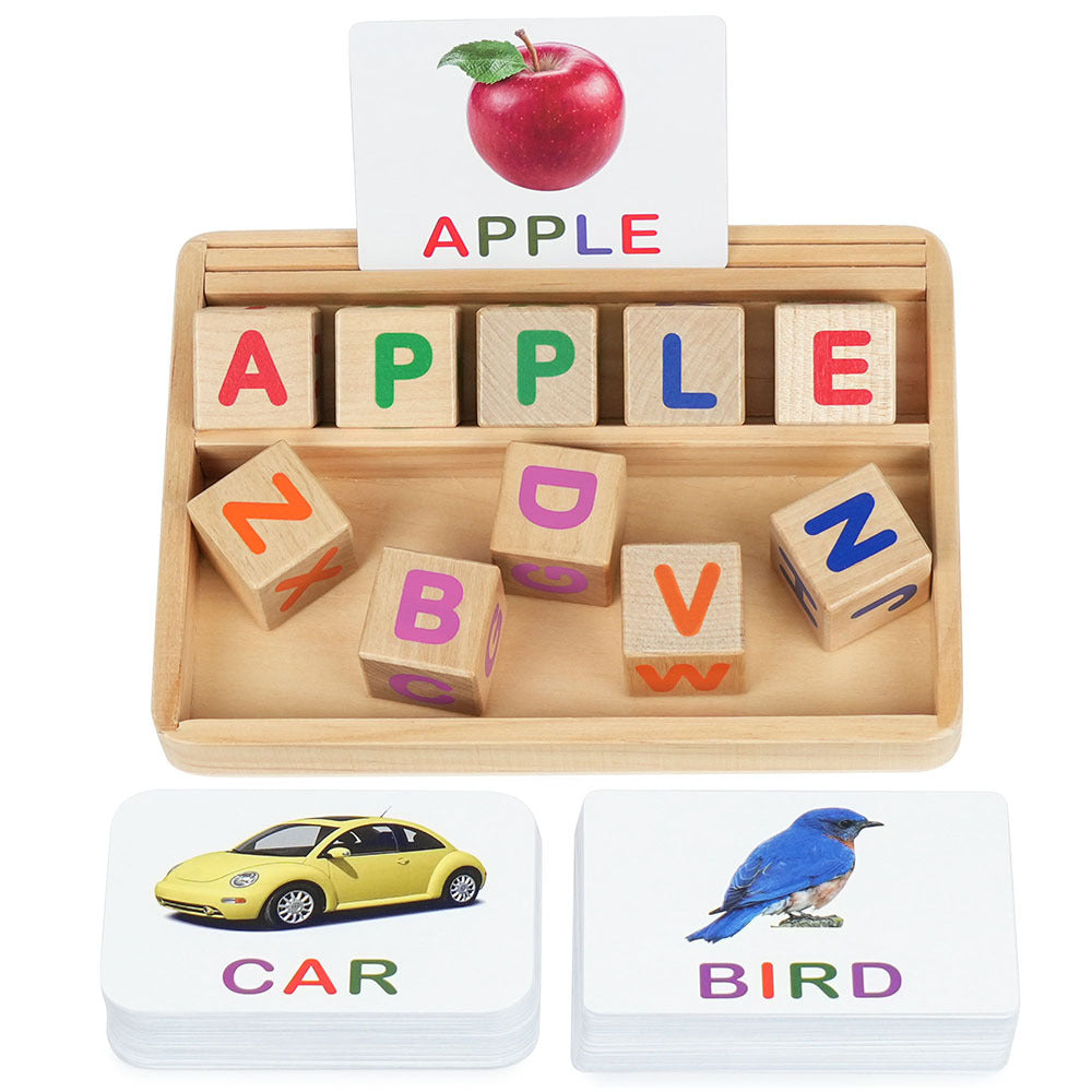 Phonics Word Builder Kit 110+ CVC Flash Cards 10 Letter Blocks Wooden Tray Spelling Matching Game | Learn to Read Toy for Preschool Kindergarten Homeschool Kids Ages 3-6 | Educational Birthday Gift