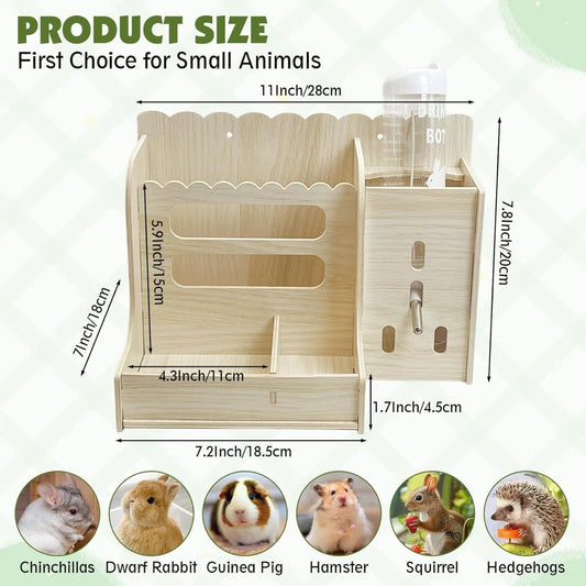 Wood Hay Feeder Box for Rabbits and Guinea Pigs with Multiple Food Compartments