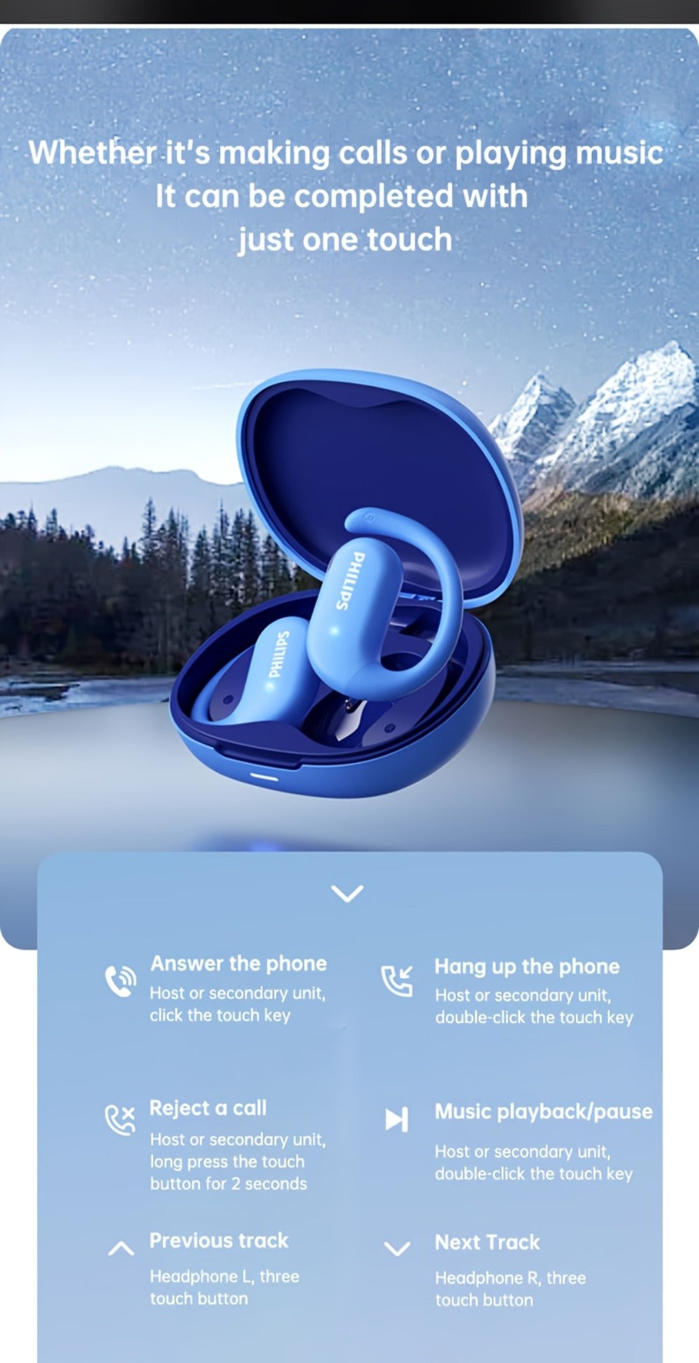 Philips TAT2739 Open Air Earbuds Wireless Bluetooth 5.3 Ear Hook Headphones with Wireless Charging Case – Non In-Ear Open-Back Design, Type-C, Tech Gift for Men Women