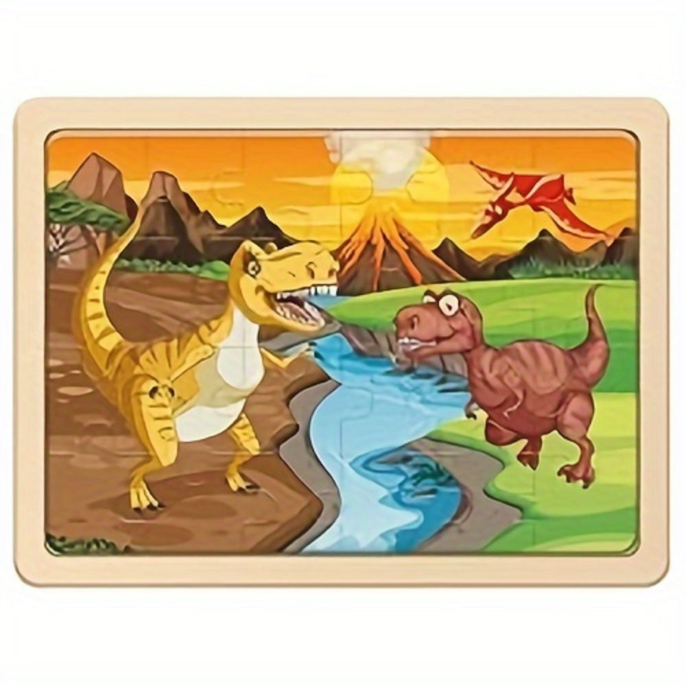 Dinosaur Wooden Jigsaw Puzzle Set for Kids, 4 Puzzles with 24 Pieces Each