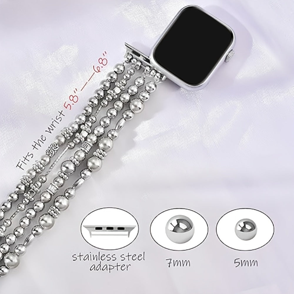 Elastic Beaded Watch Band for Apple Watch Series 1-11 SE Ultra 38mm 40mm 41mm 42mm 44mm 45mm 46mm 49mm Handcrafted No-Buckle Stretch Bracelet Replacement Strap Women Silver Rose Gold Golden