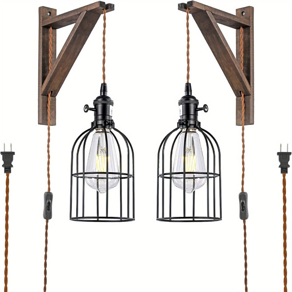 Plug In Wall Sconces Set of 2 or 1 – Rustic Farmhouse Wall Lamp with Metal Cage & Wooden Bracket, Plug-Into-Outlet Hanging Light for Bedroom, Living Room & Headboard