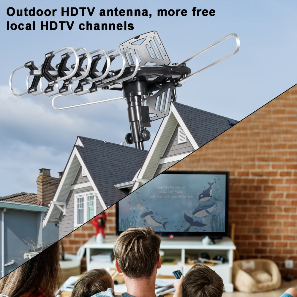 Outdoor TV Antenna 150 Mile Motorized 360° Rotation – Snap-On Install, Supports 2 TVs Simultaneously, 33FT RG6 Coax Cable, Mounting Pole Included, Wireless Remote, Free Local Channels, No Monthly Fee