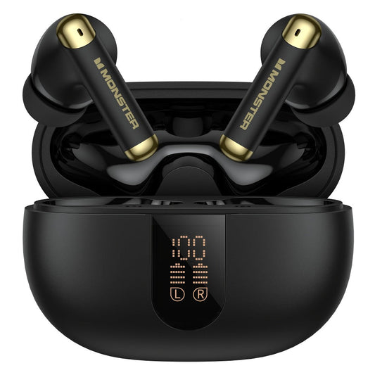 Monster Wireless Earbuds Stereo Sport Earphones Noise Canceling Condenser Mic LED Display Built-in Microphone Clear Calls Bluetooth for Sports Gym Running Black