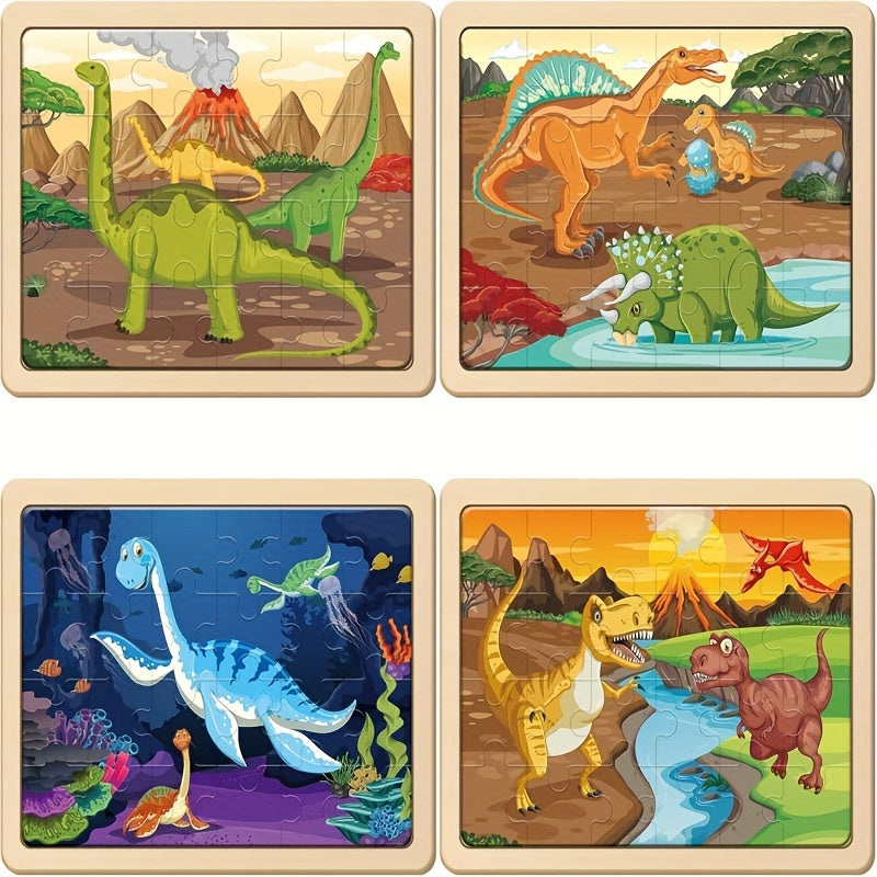 Dinosaur Wooden Jigsaw Puzzle Set for Kids, 4 Puzzles with 24 Pieces Each