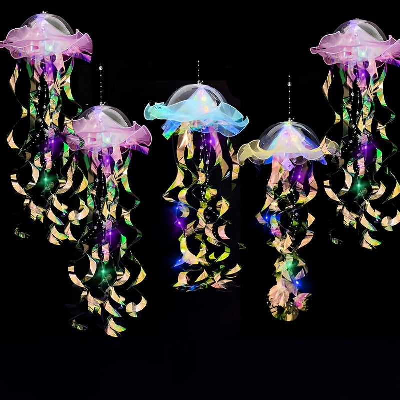 Jellyfish Lantern Party Decorations 5 Pack – Colorful Translucent Ribbon Hanging Lights for Halloween Christmas Wedding Birthday, Indoor Outdoor Festive Event Decor (Crystal Ribbon / Set)