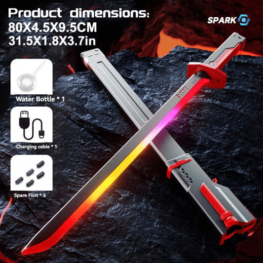 LED Light Katana Sword 31.5", Spark-on-Draw Luminous Saber with Sound Effects, Type-C Rechargeable Cosplay Prop