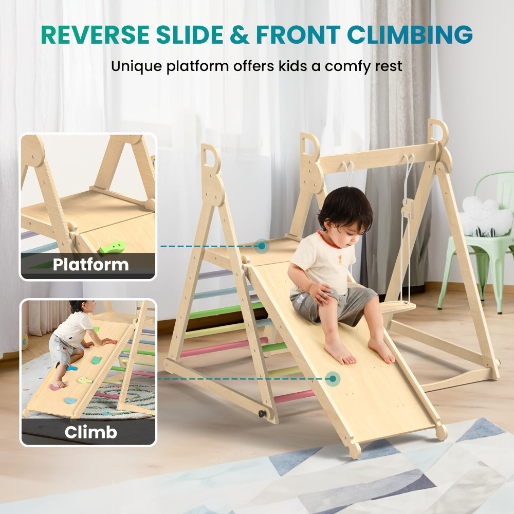 Foldable Indoor Wooden Jungle Gym for Toddlers – 4-in-1 Climbing Frame with Swing, Slide & Ladder | Ages 18M+ | Rainbow & Blue | Kids Indoor Playset for Cognitive Development & Active Play