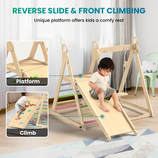 Foldable Indoor Wooden Jungle Gym with Swing, Slide, Ladder & Climbing Wall